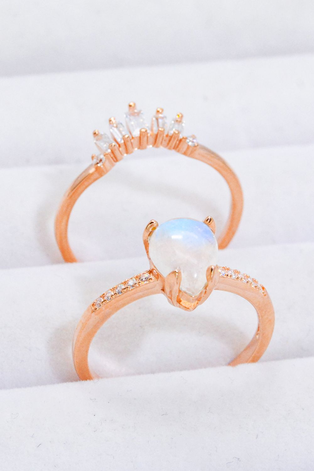 Women's Natural Moonstone and Zircon 18K Rose Gold-Plated Two-Piece Ring Set