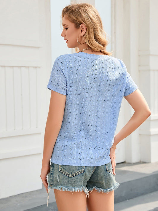 LOVEN'SWEETNESS Full Size Eyelet Short Sleeve V-Neck Blouse