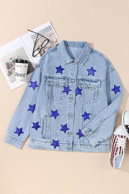 Hailey Apparel Medium Blue Pocketed Geometric Collared Neck Denim Jacket