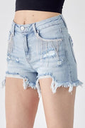RISEN Frayed Hem Denim Shorts with Fringe Detail Pockets *