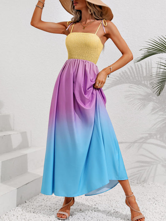 IdeationJovial Color Block Tie Shoulder Smocked Maxi Dress