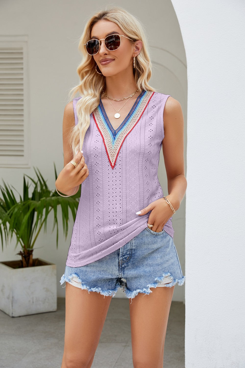 Contrast Full Size V-Neck Eyelet Tank