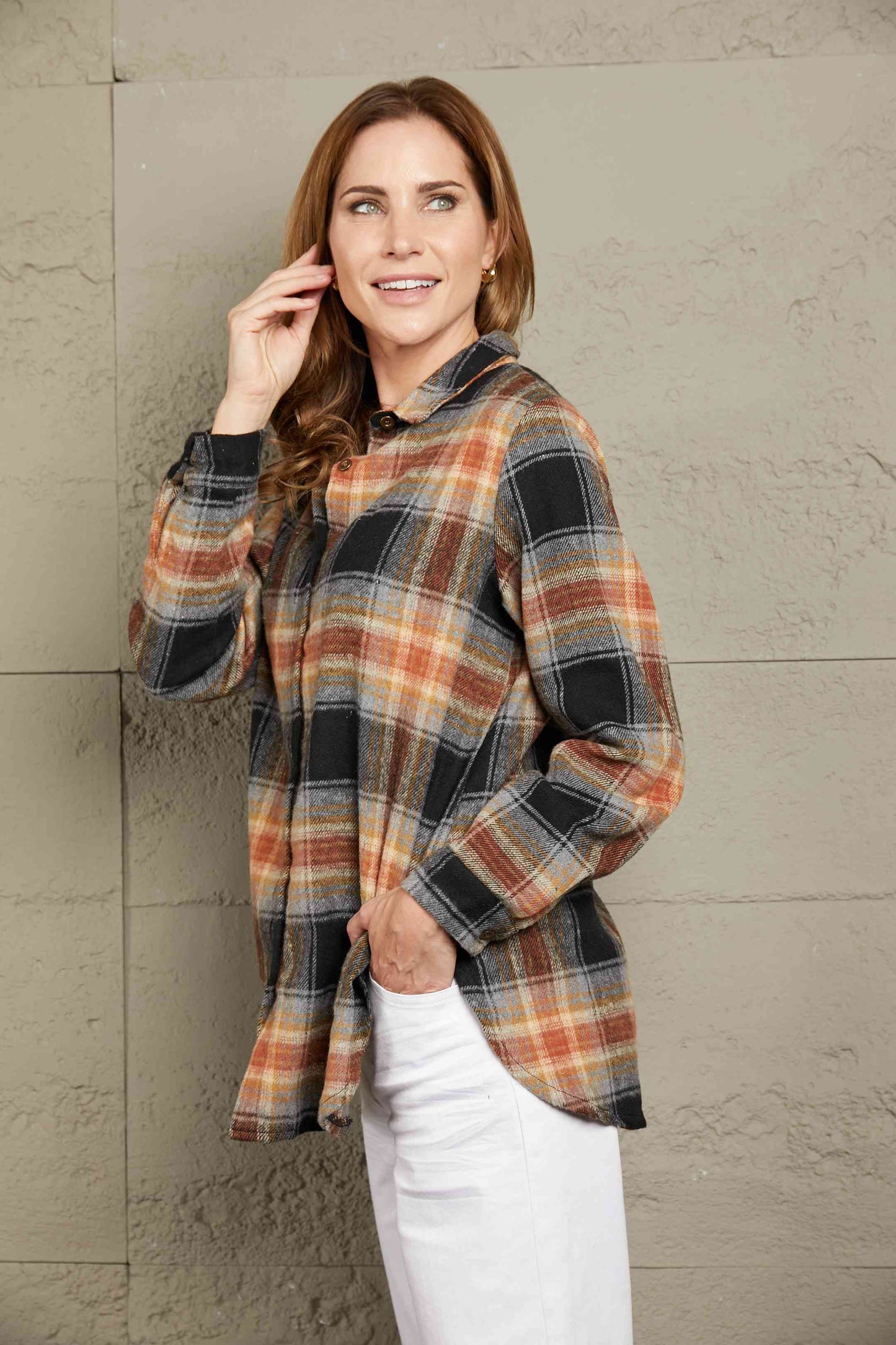 Double Take Black Plaid Side Slit Curved Hem Shirt