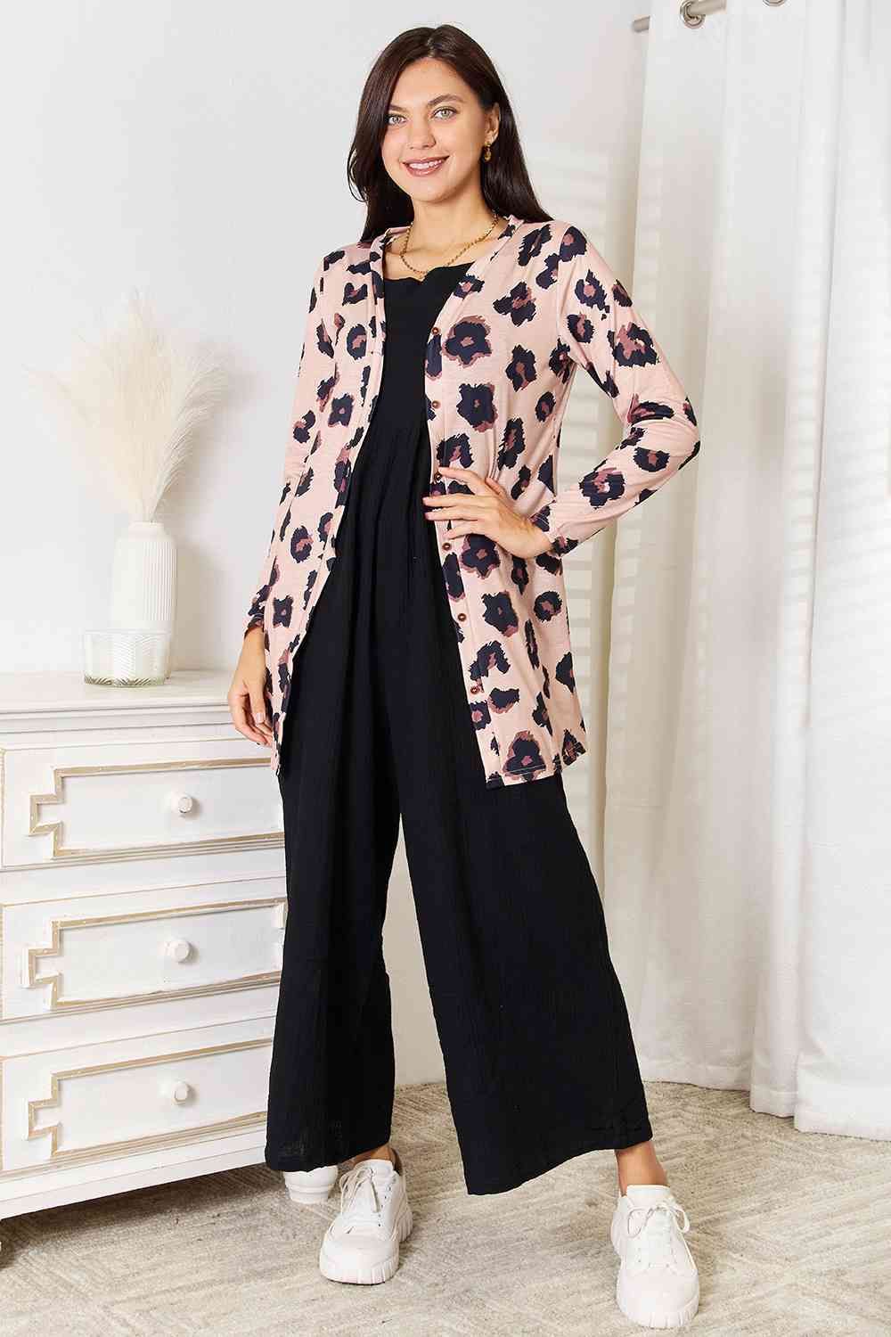 Double Take Printed Button Front Longline Cardigan *