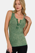 Zenana Washed Ribbed Half Snap Henry Tank - Brand Zenana *