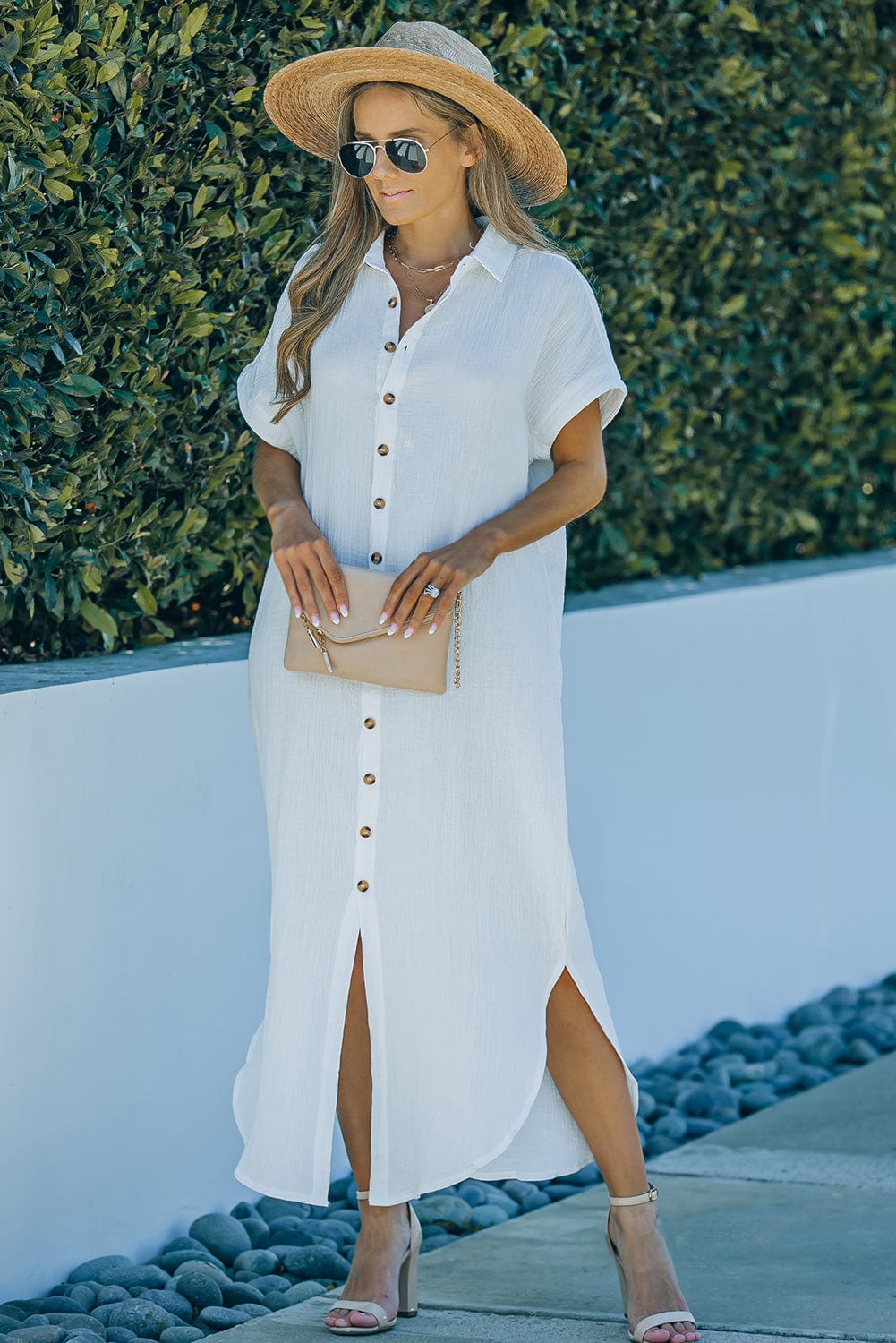 Full Size Textured Button Down Slit Shirt Dress