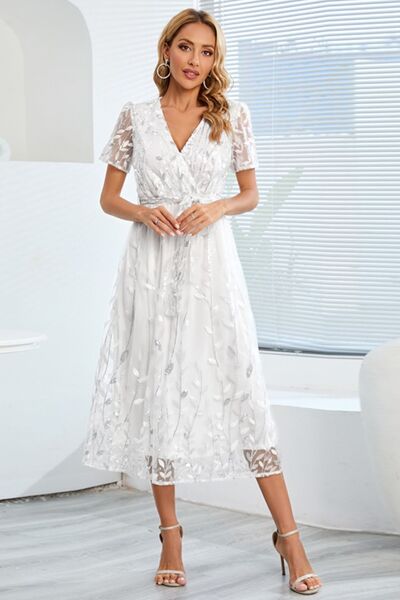 Sequin Leaf Embroidery Tie Front Short Sleeve Dress