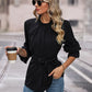 Round Neck Tie Waist Long Sleeve Blouse