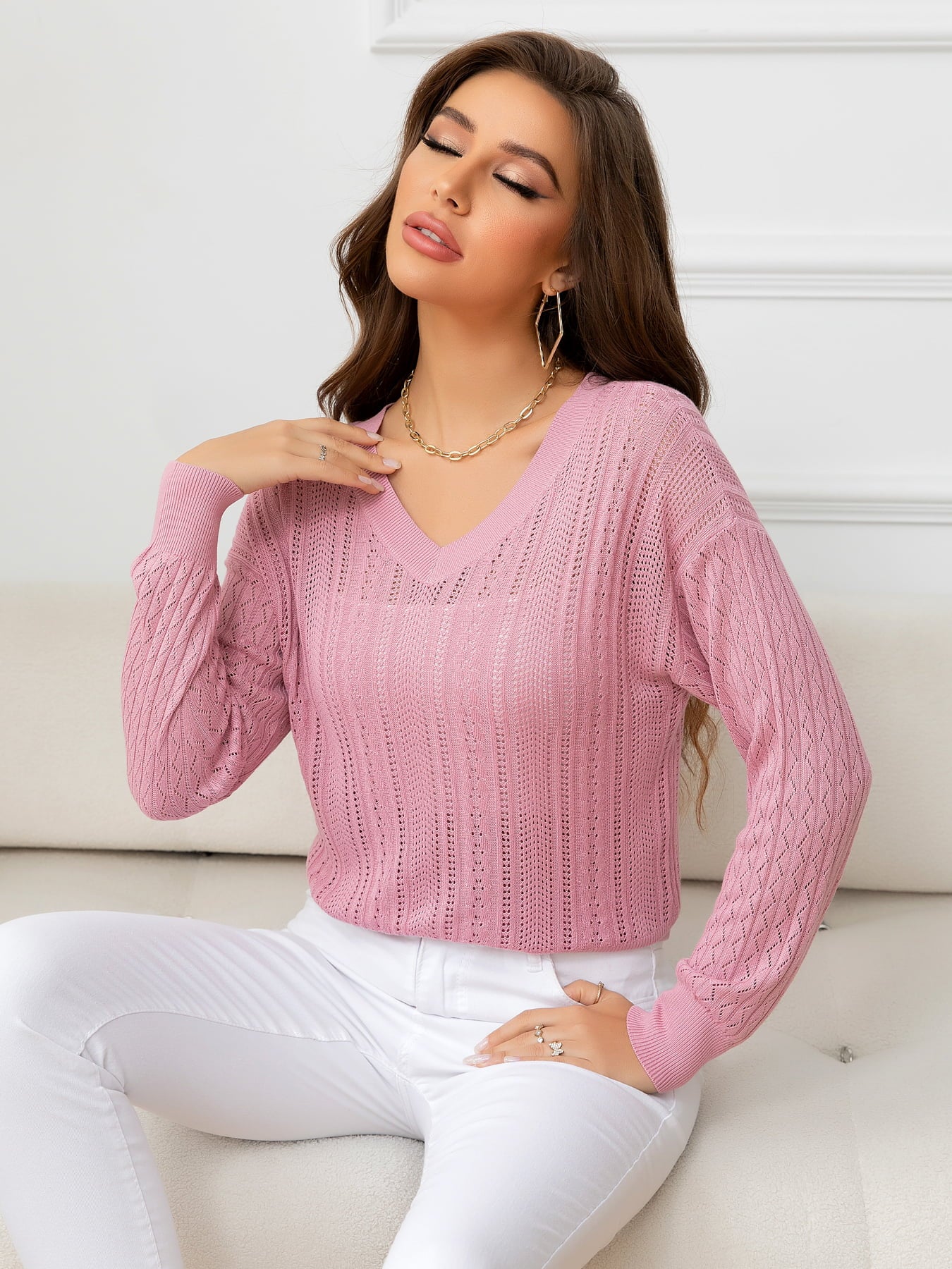 AuroraBlissX V-Neck Long Sleeve Eyelet Knit Top