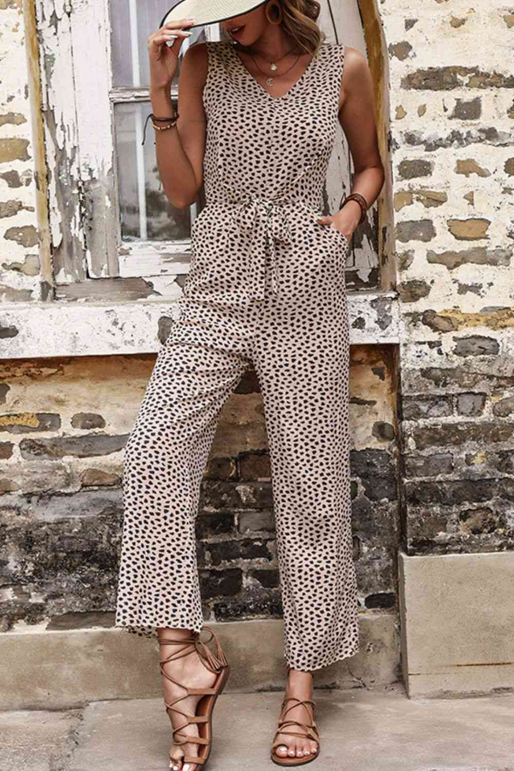 Khaki Printed Tie Front Sleeveless Jumpsuit