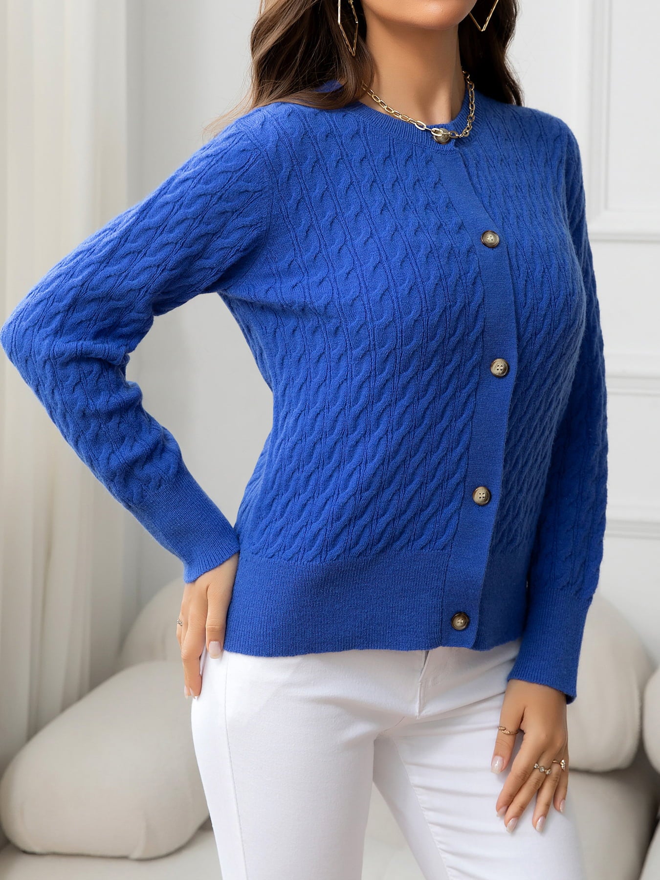 AuroraBlissX Round Neck Cable-Knit Buttoned Knit Top