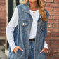 Women's Collared Neck Sleeveless Denim Top with Pockets