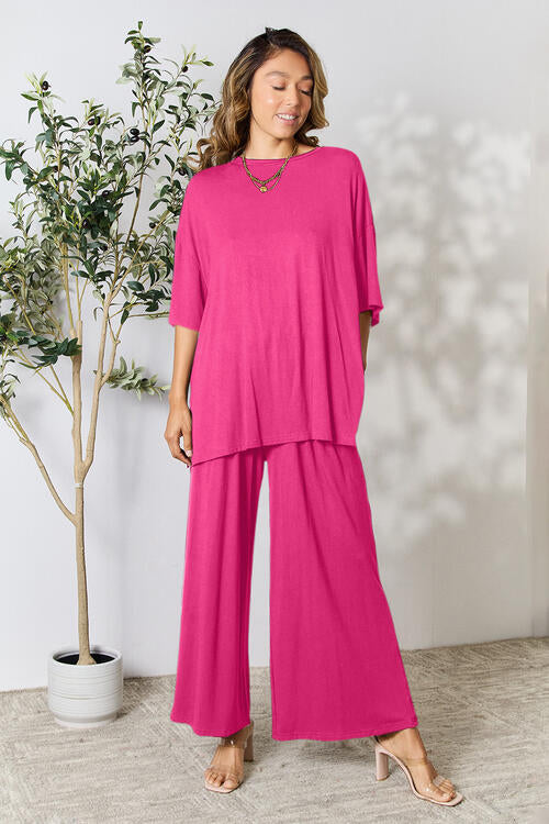 Double Take Full Size Round Neck Slit Top and Pants Set *