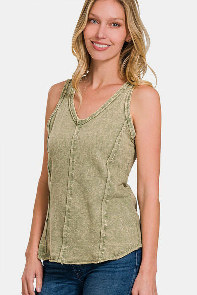 Zenana Exposed Seam V-Neck Wide Strap Tank *