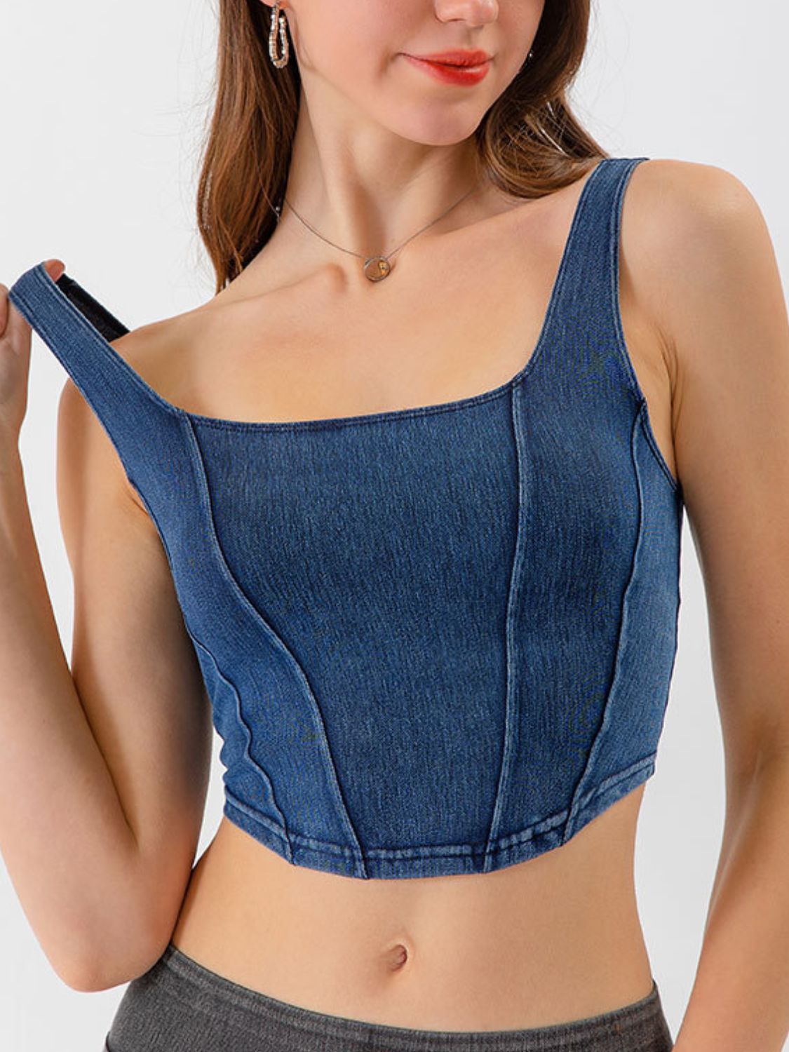 AMIEE LEAH Full Size Seam Detail Cropped Denim Tank