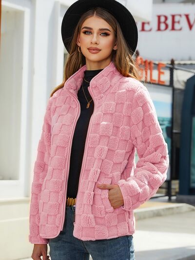 Full Size Fuzzy Checkered Zip Up Jacket