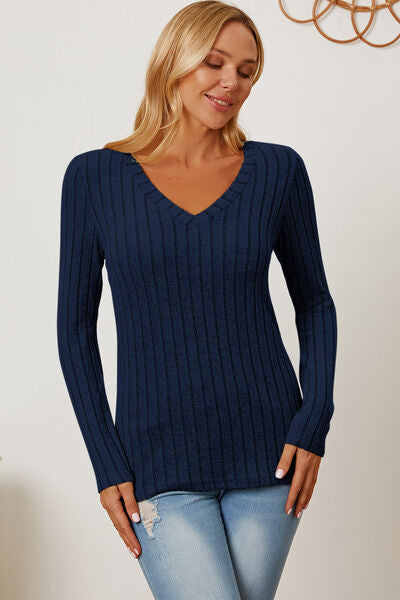 Basic Bae Full Size Ribbed V-Neck Long Sleeve T-Shirt *