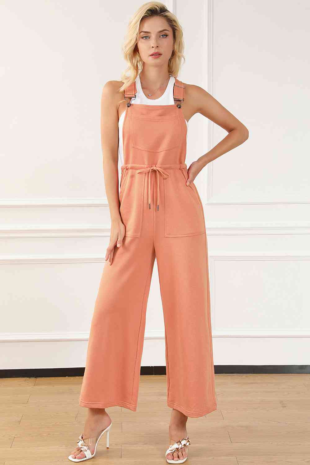 Pumpkin Orange Drawstring Overalls with Pockets