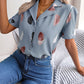 Feather Print Lapel Collar Puff Sleeve Shirt