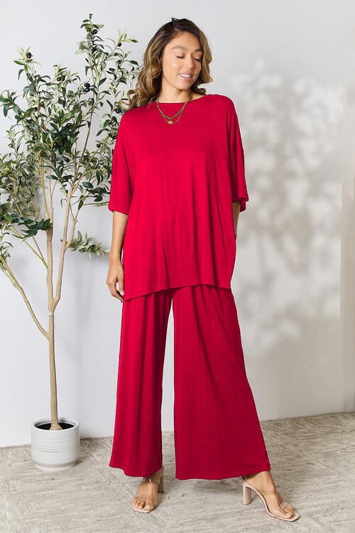 Double Take Full Size Round Neck Slit Top and Pants Set *