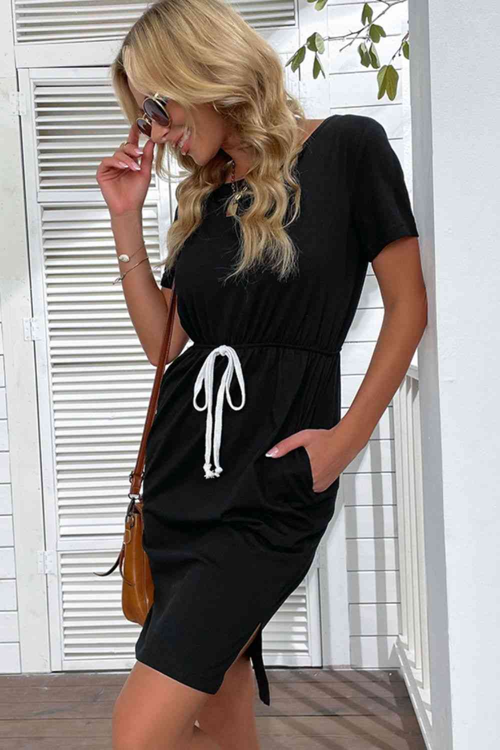 Side Slit Drawstring Round Neck Dress