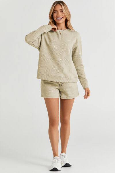 Double Take Full Size Texture Long Sleeve Top and Drawstring Shorts Set *