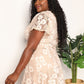 Double Take Sand Brown Floral Lace Pompom Detail Tie-Waist Flutter Sleeve Dress