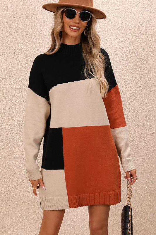 TrendSetEE Color Block Mock Neck Dropped Shoulder Sweater Dress