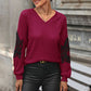 Ribbed Lace Detail V-Neck Sweater