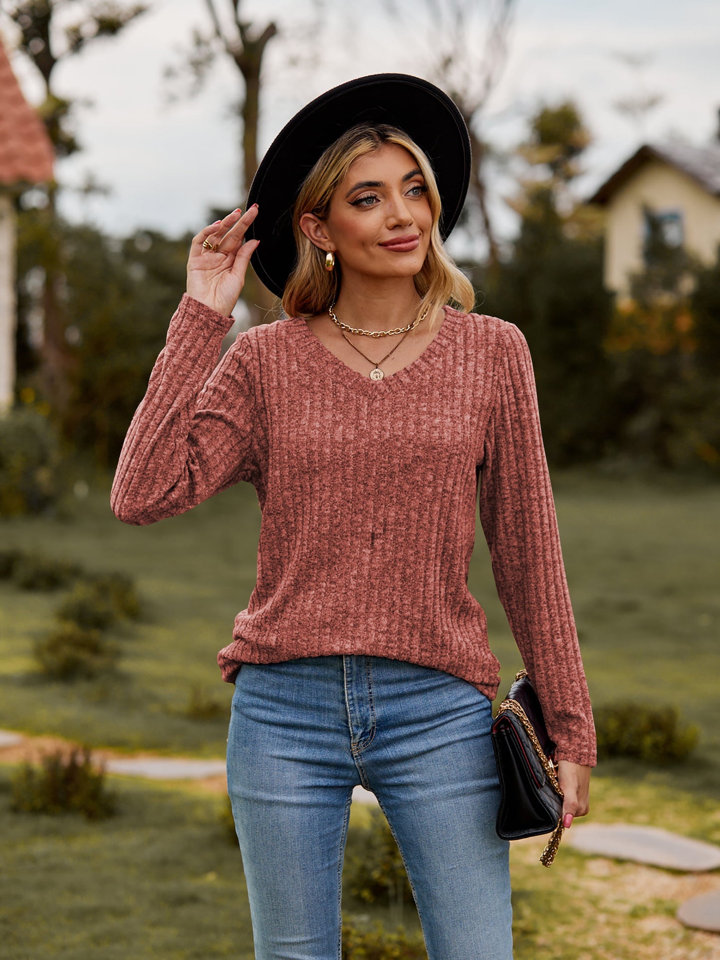 Full Size Ribbed V-Neck Long Sleeve Tee