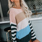 One Size Color Block Boat Neck Dropped Shoulder Sweater