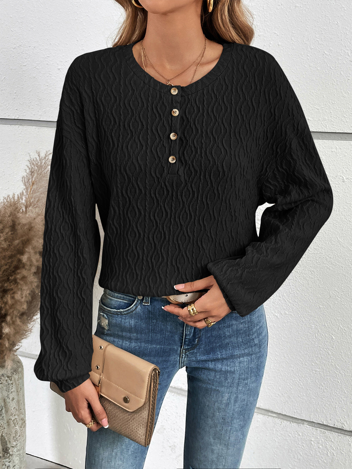 Full Size Half Button Long Sleeve Top