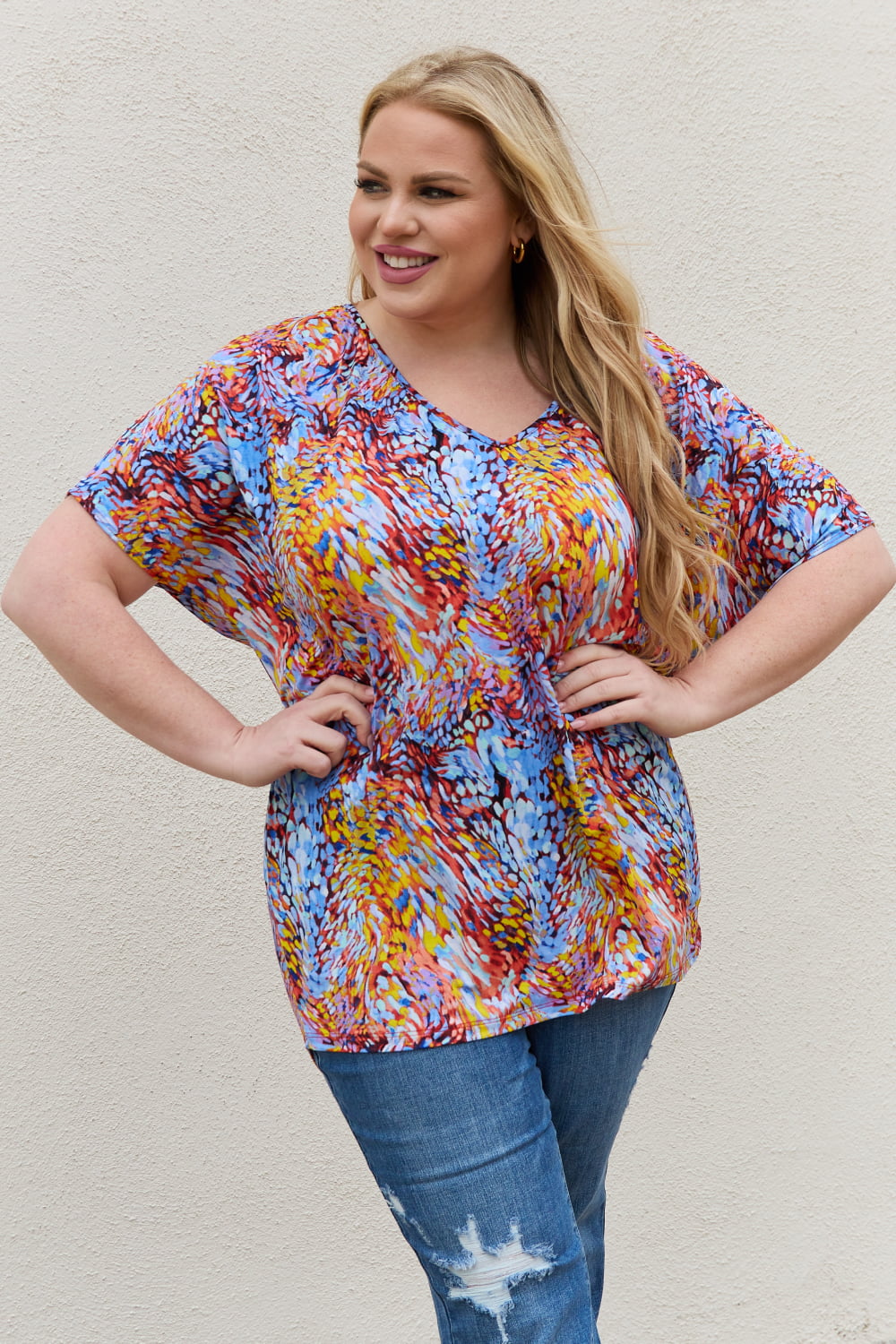 Be Stage Full Size Printed Dolman Flowy Top *