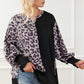 Leopard Round Neck Lantern Sleeve Slit Black Sweatshirt