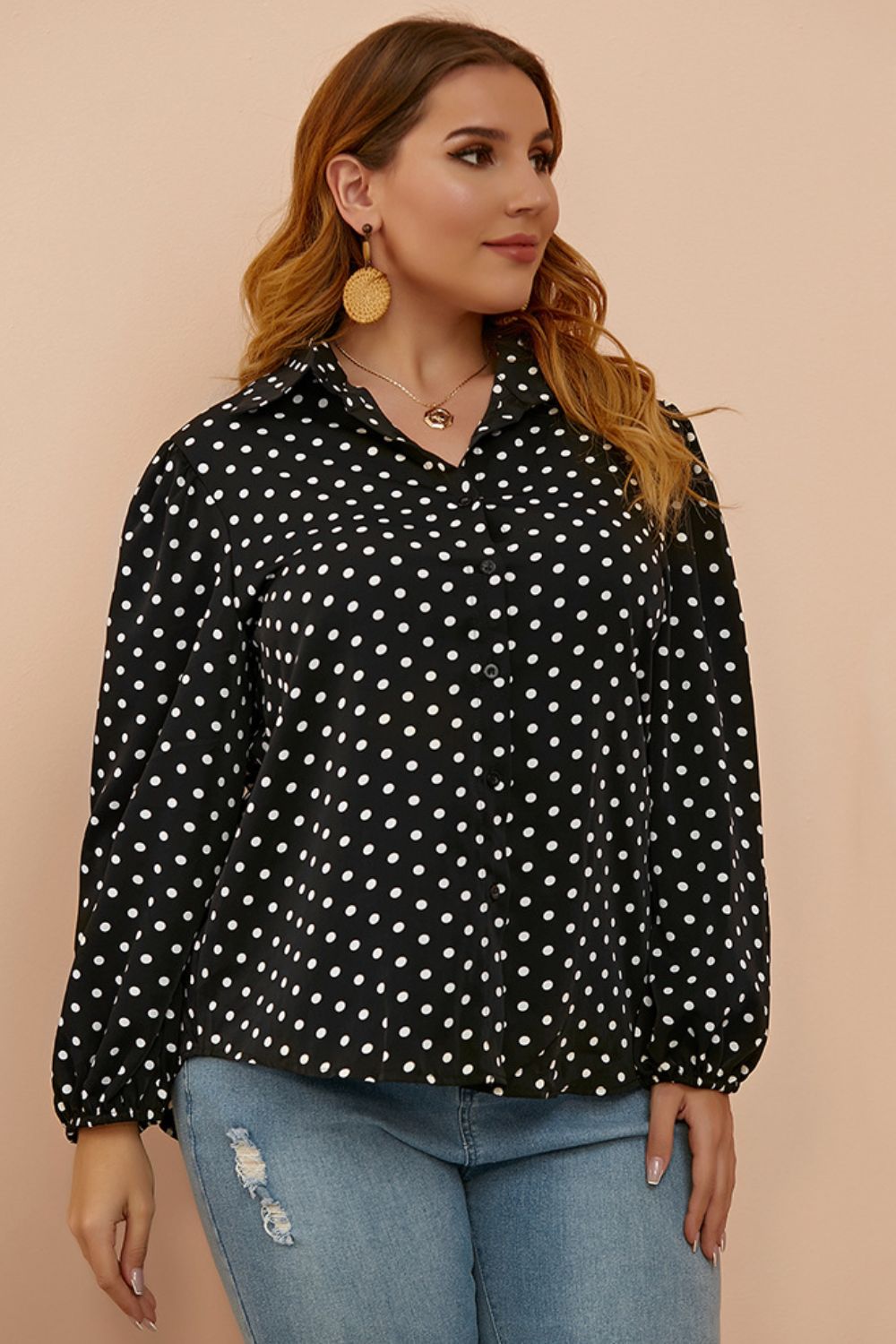 Women's Plus Size Polka Dot Balloon Sleeve Shirt