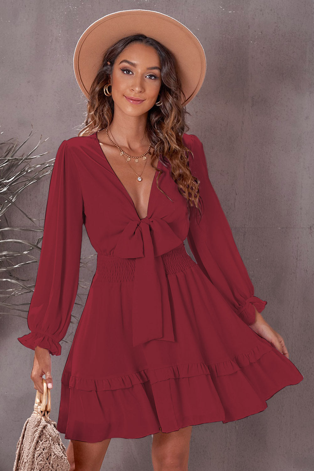 Women's Full Size Tied Plunge Smocked Waist Flounce Sleeve Dress