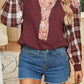 Plaid Notched Neck Slit Blouse