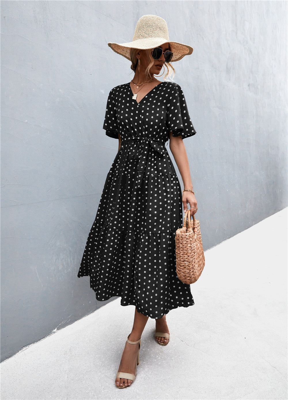 Women's Printed V-Neck Flutter Sleeve Belted Dress