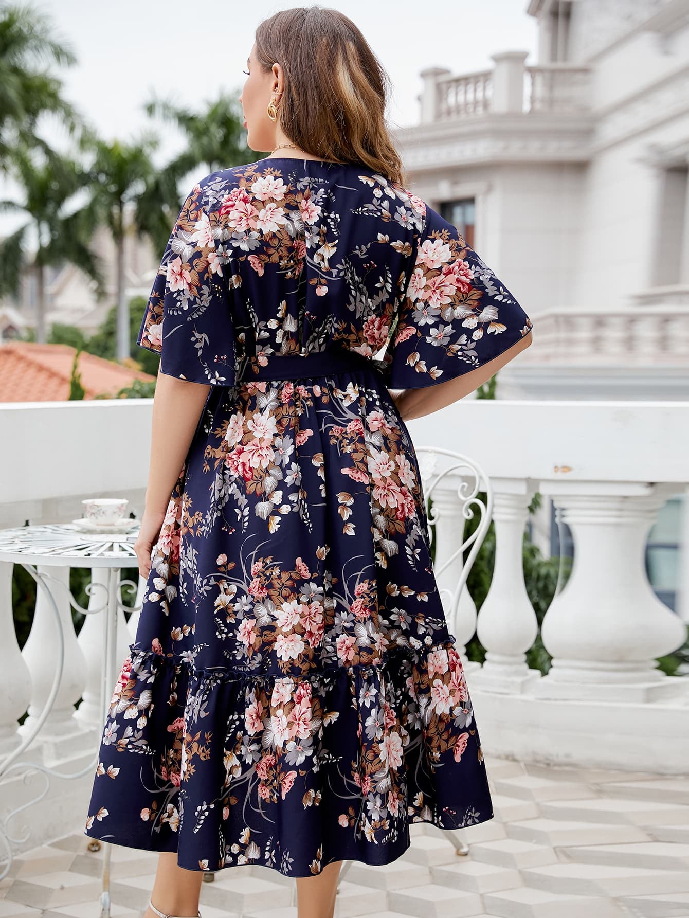 RANEE Plus Size Floral Surplice Neck Midi Dress