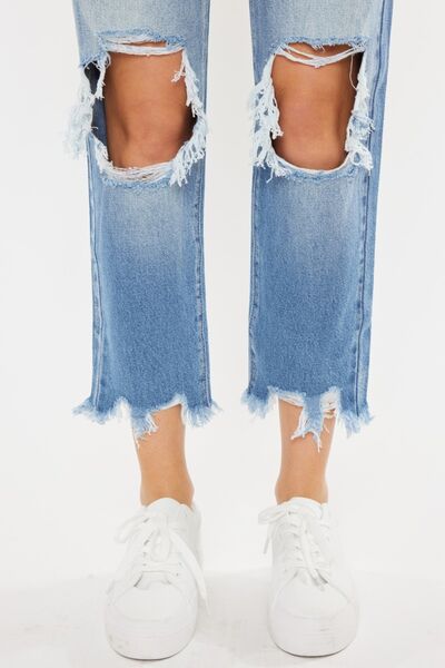 Kancan High Waist Chewed Up Straight Mom Jeans *