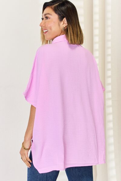 Zenana Texture Button Up Short Sleeve High-Low Shirt *