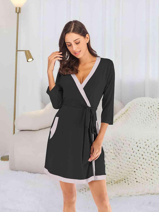 Full Size Tie Waist Surplice Neck Robe with Pockets