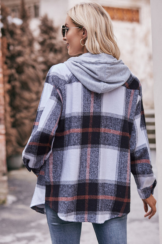 Full Size Plaid Dropped Shoulder Hooded Jacket