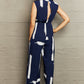 Navy Blue Printed Round Neck Cutout Jumpsuit with Pockets