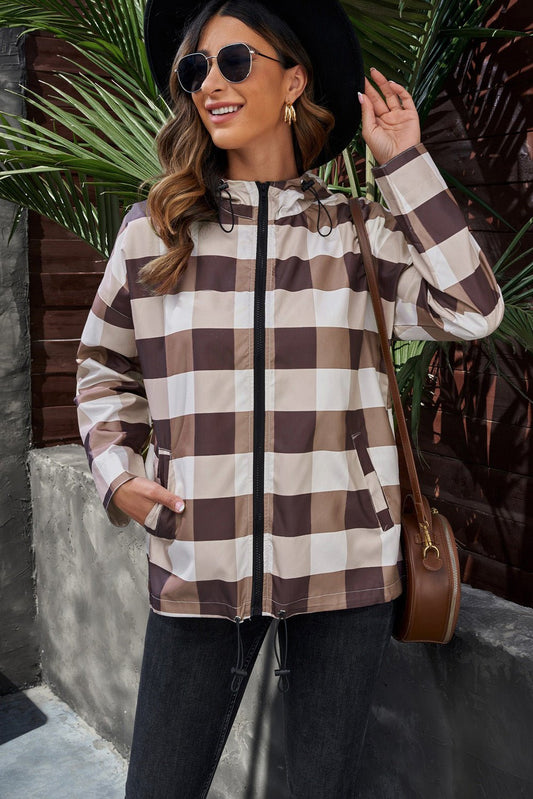 S&T Brown Plaid Drawstring Hem Zip Up Hooded Jacket