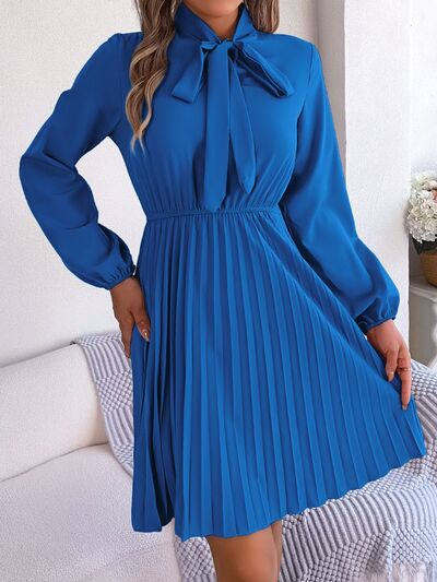 Women's Obsessed Tie Neck Balloon Sleeve Pleated Dress