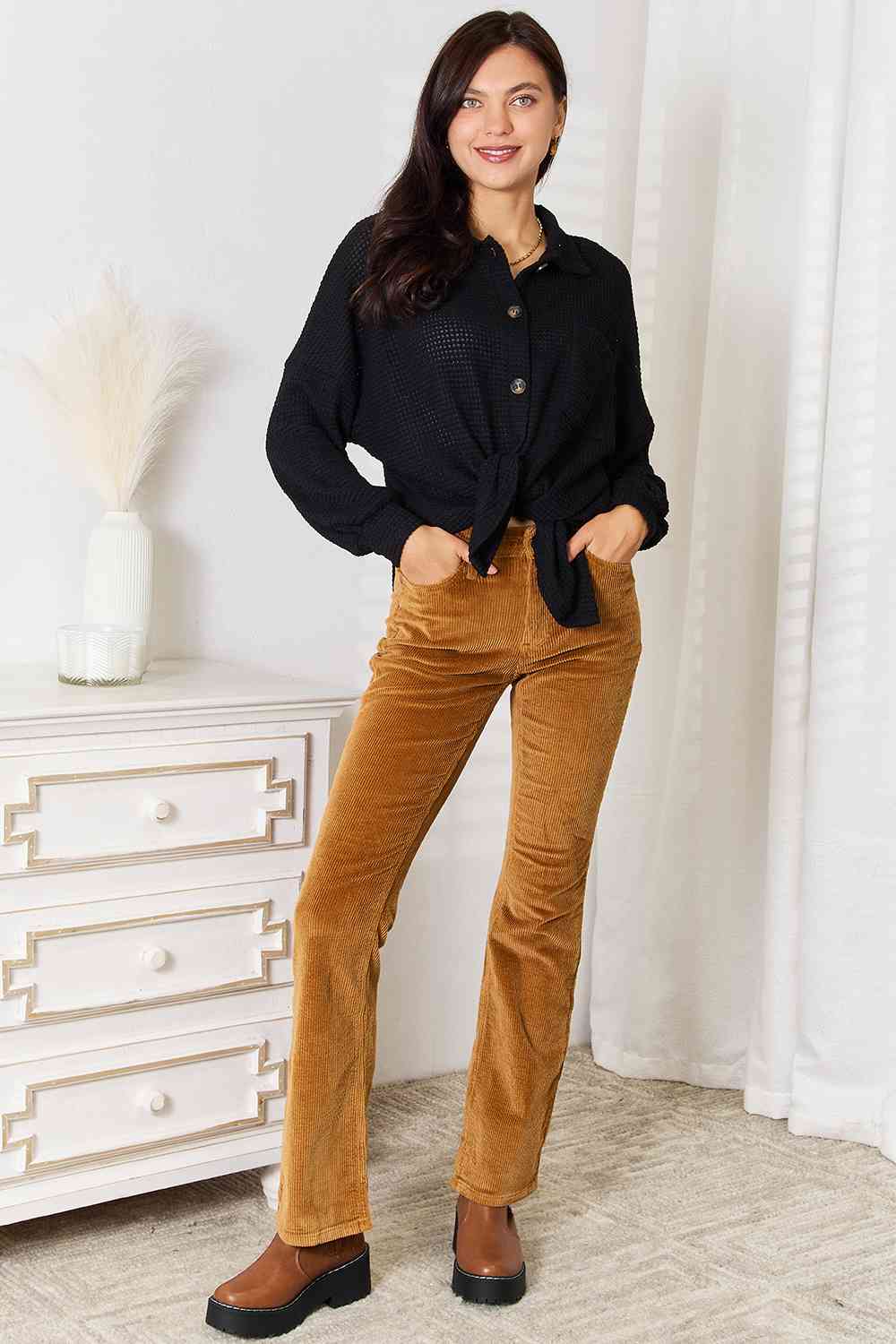 Double Take Waffle-Knit Collared Neck Dropped Shoulder Shirt *