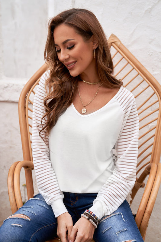 Women's Sheer Striped V-Neck Top