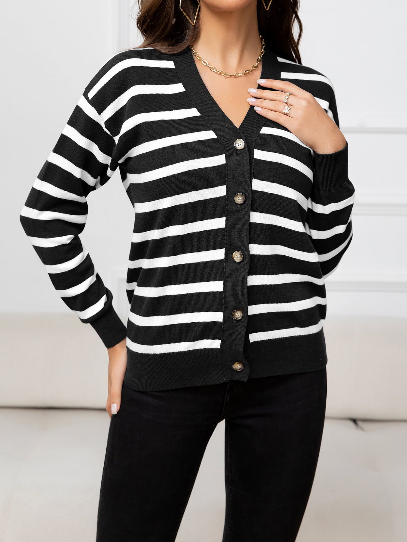 Beauteous Striped Dropped Shoulder V-Neck Knit Top