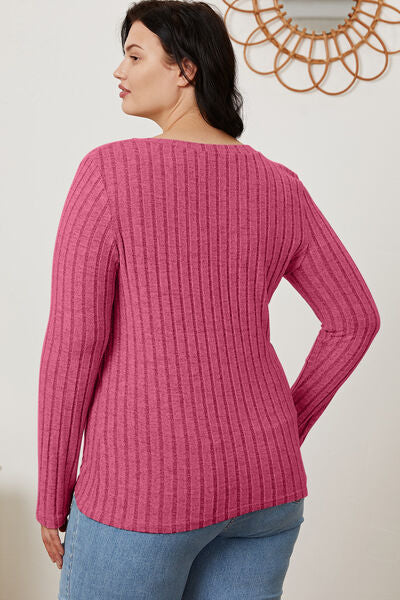 Basic Bae Full Size Ribbed V-Neck Long Sleeve T-Shirt *